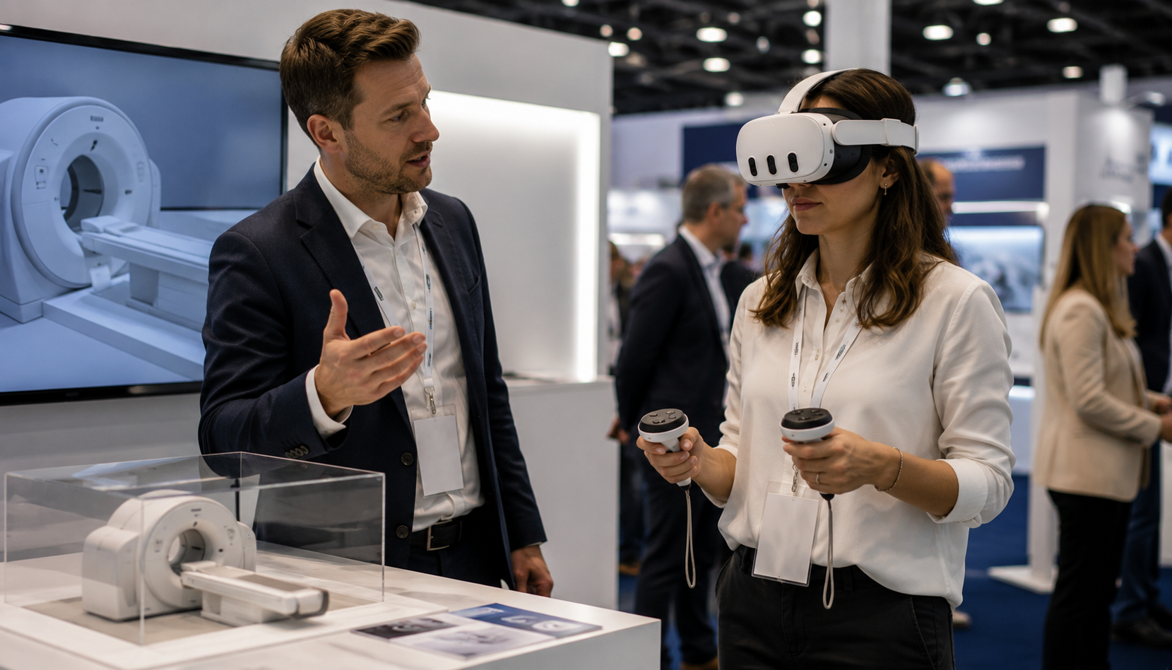 A marketing professional using a VR headset to view a 3D product model during a sales presentation