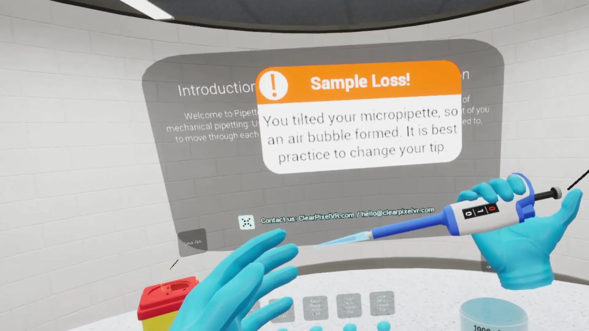 A life science student or lab technician wearing a Meta Quest VR headset practising pipetting technique in a laboratory
