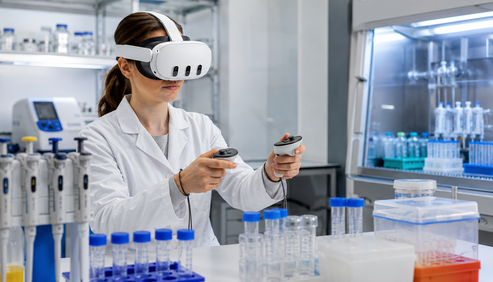 A scientist in a laboratory setting using a VR headset to practise pipetting technique, with lab equipment visible in the background